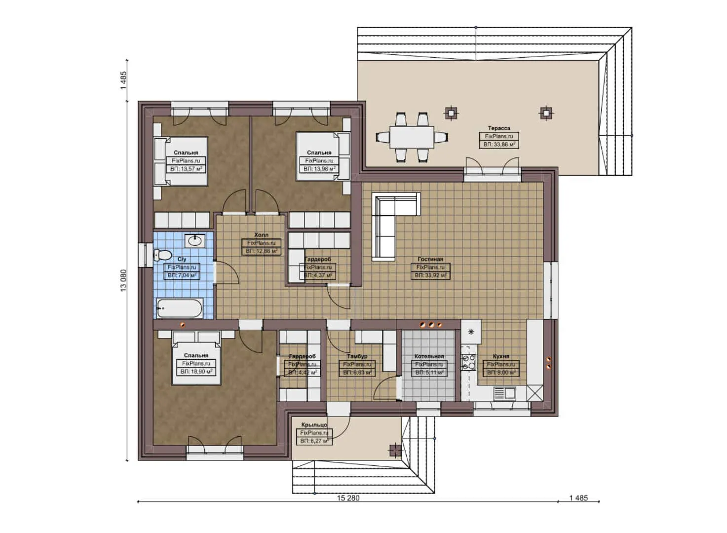 F-5021 - План одноэтажного дома 14 на 16, площадью 170 м² с террасой и 3 спальнями