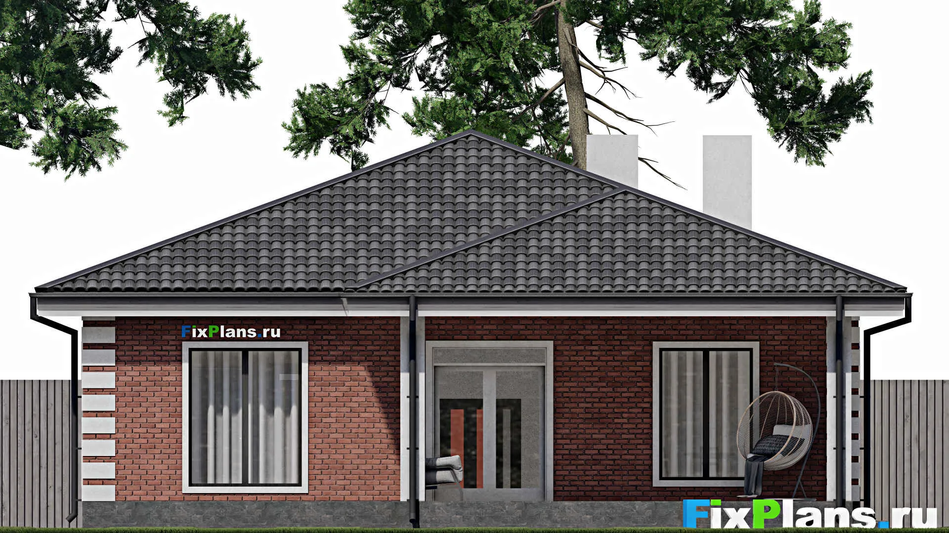 F-1250 - Проект одноэтажного дома 12 на 12, площадью 140 м² с террасой и 3 спальнями