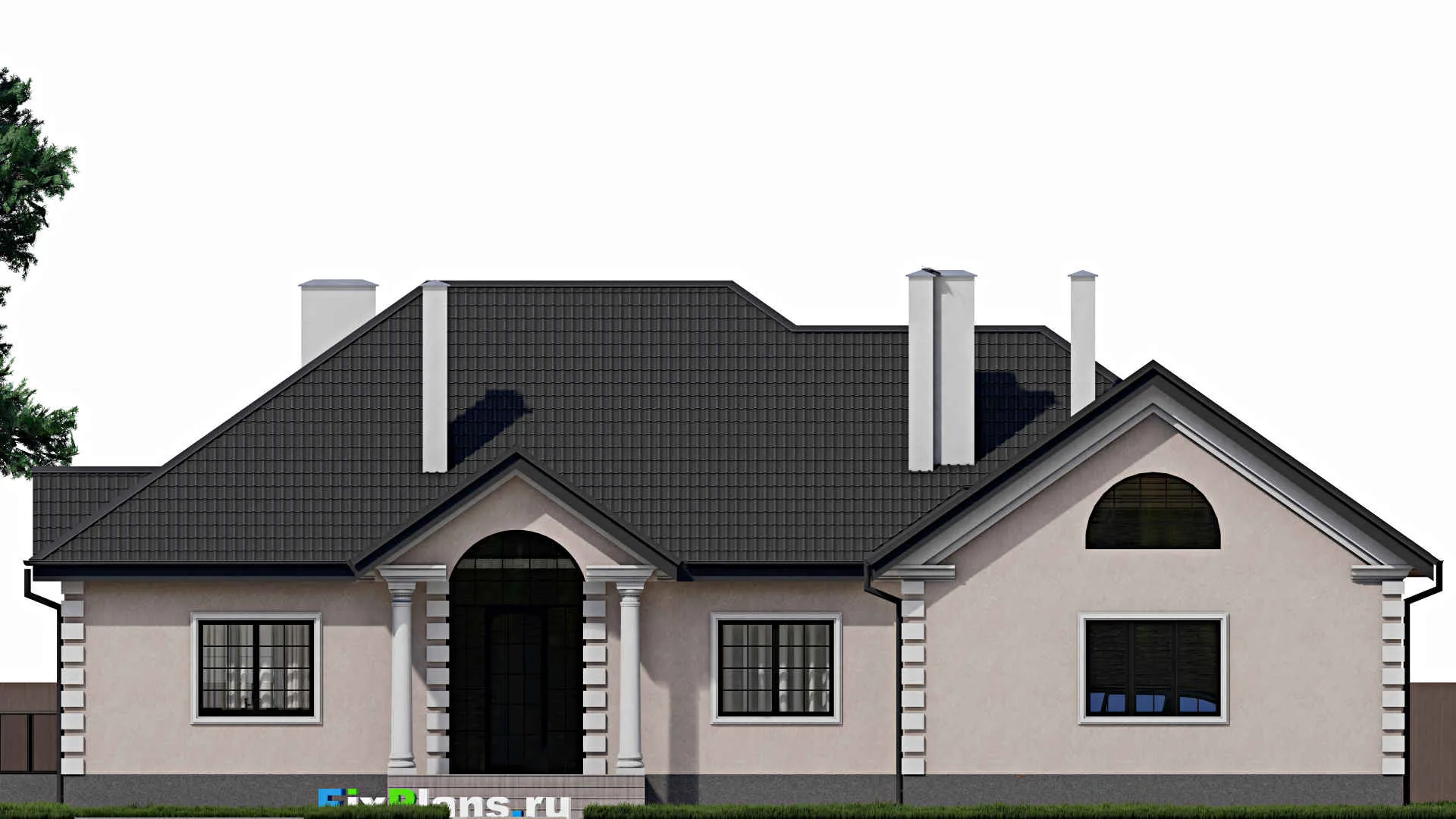 F-0179 - План одноэтажного дома 18 на 21, площадью 280 м² с террасой, гаражом на 2 машины и 1 спальнями