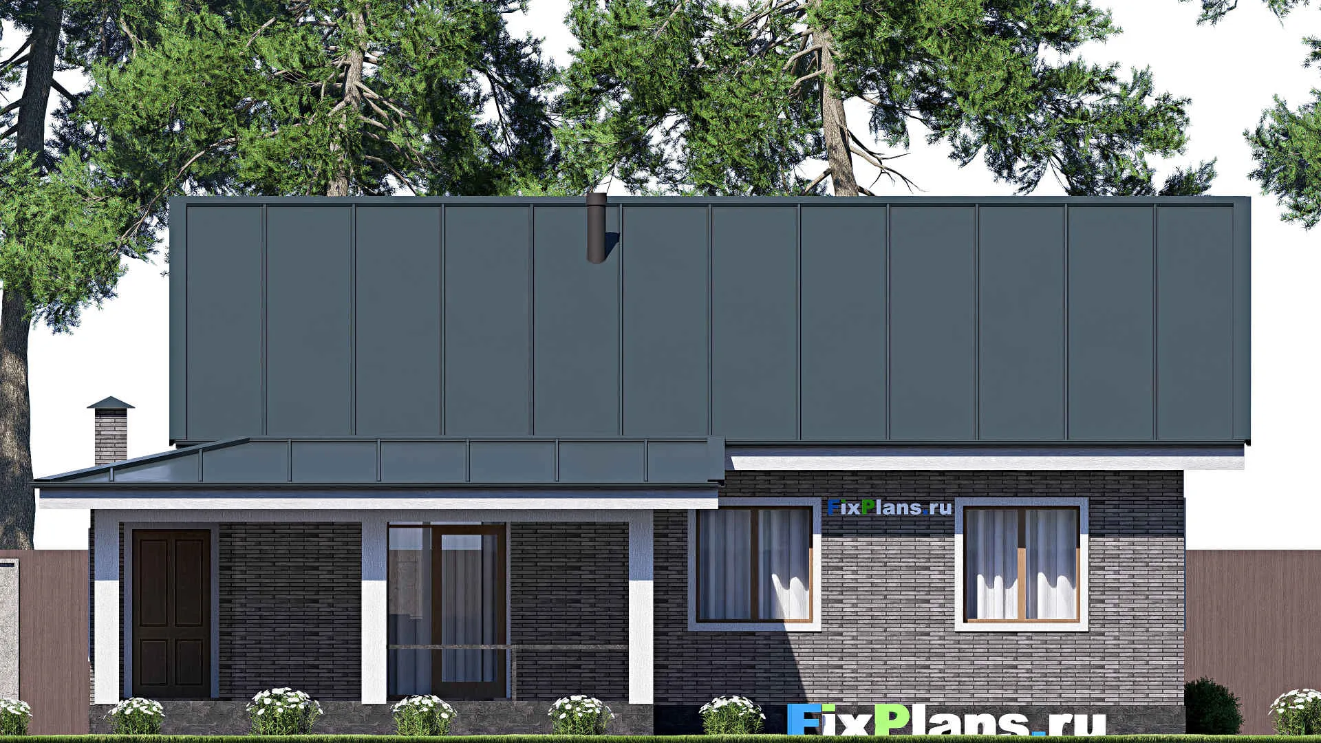 F-20555 - Проект одноэтажного дома 14 на 14, площадью 130 м² с террасой и 3 спальнями