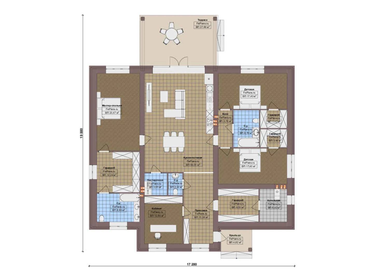 F-19718 - План одноэтажного дома 18 на 20, площадью 230 м² с террасой и 1 спальнями