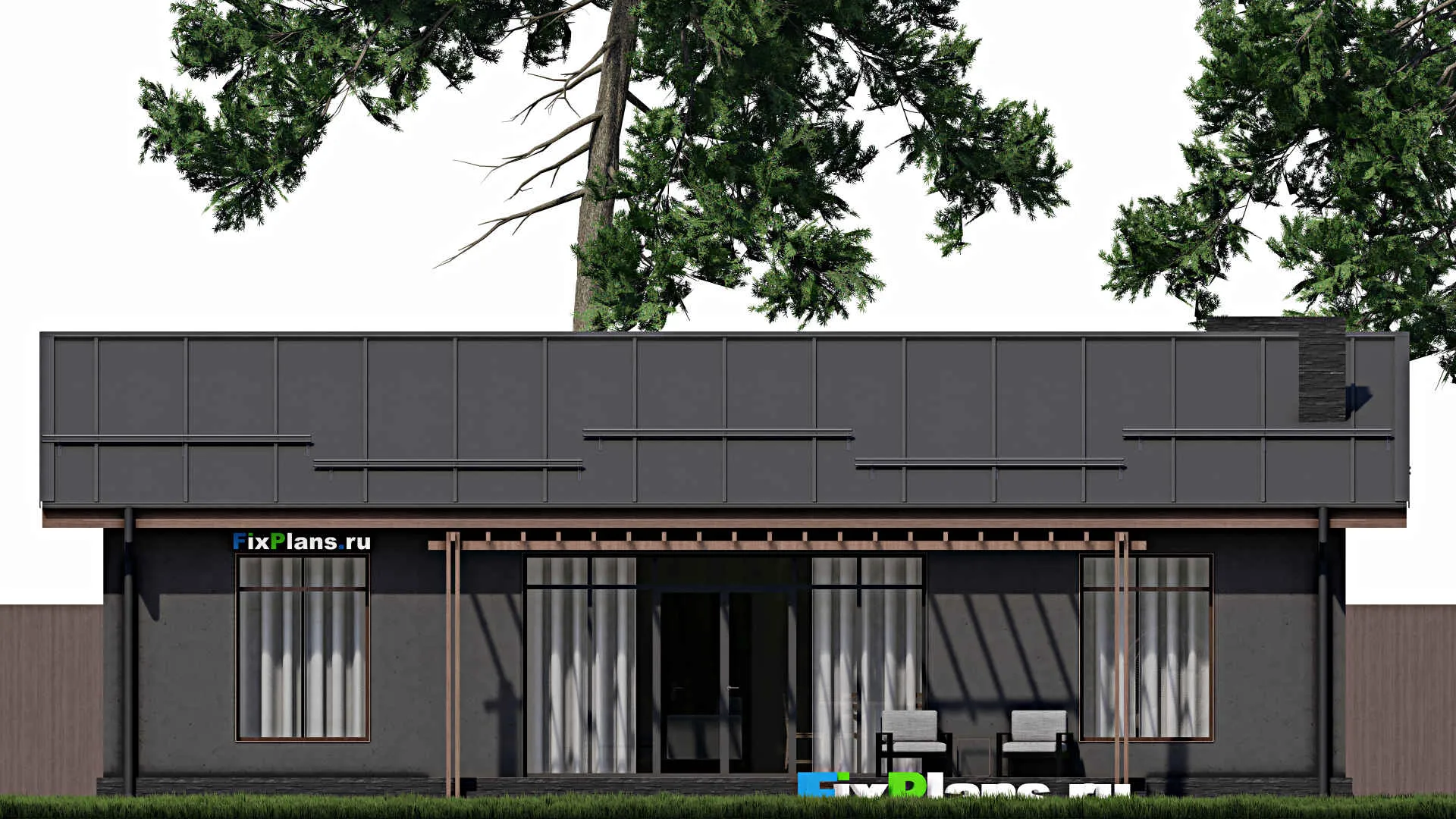 F-0521 - Проект одноэтажного дома 11 на 14, площадью 110 м² с террасой и 3 спальнями