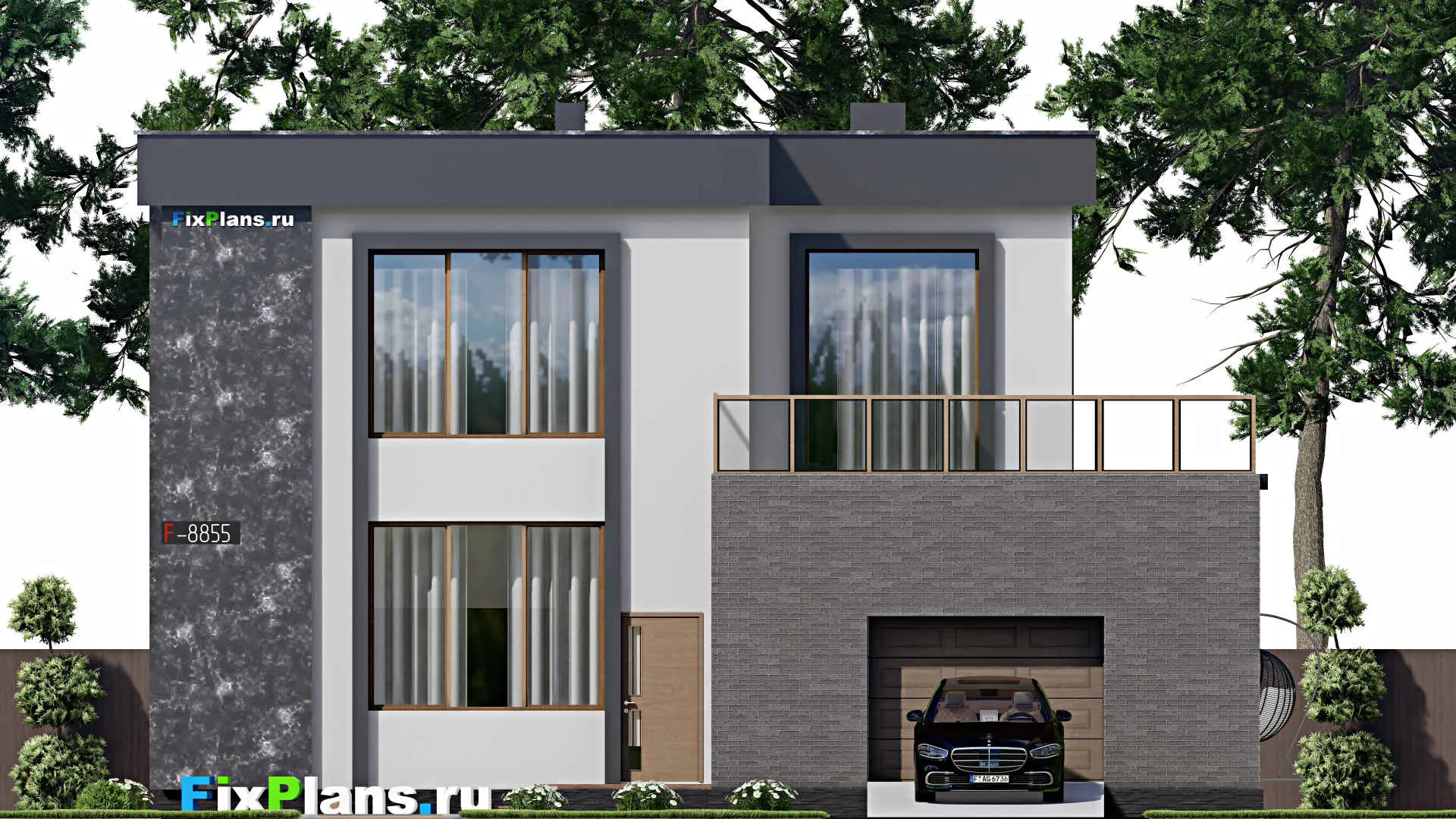 F-8855 - Проект двухэтажного дома 14 на 24, площадью 440 м² с террасой, балконом, гаражом на 2 машины и 6 спальнями
