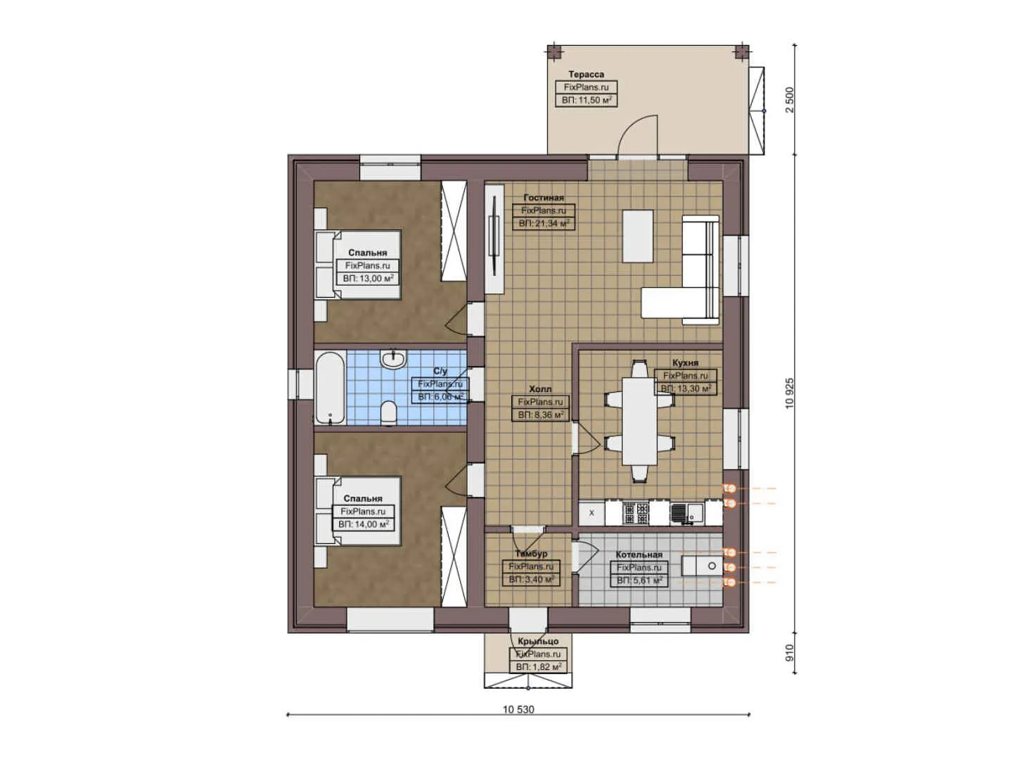 F-7415 - План одноэтажного дома 11 на 11, площадью 100 м² с террасой и 2 спальнями