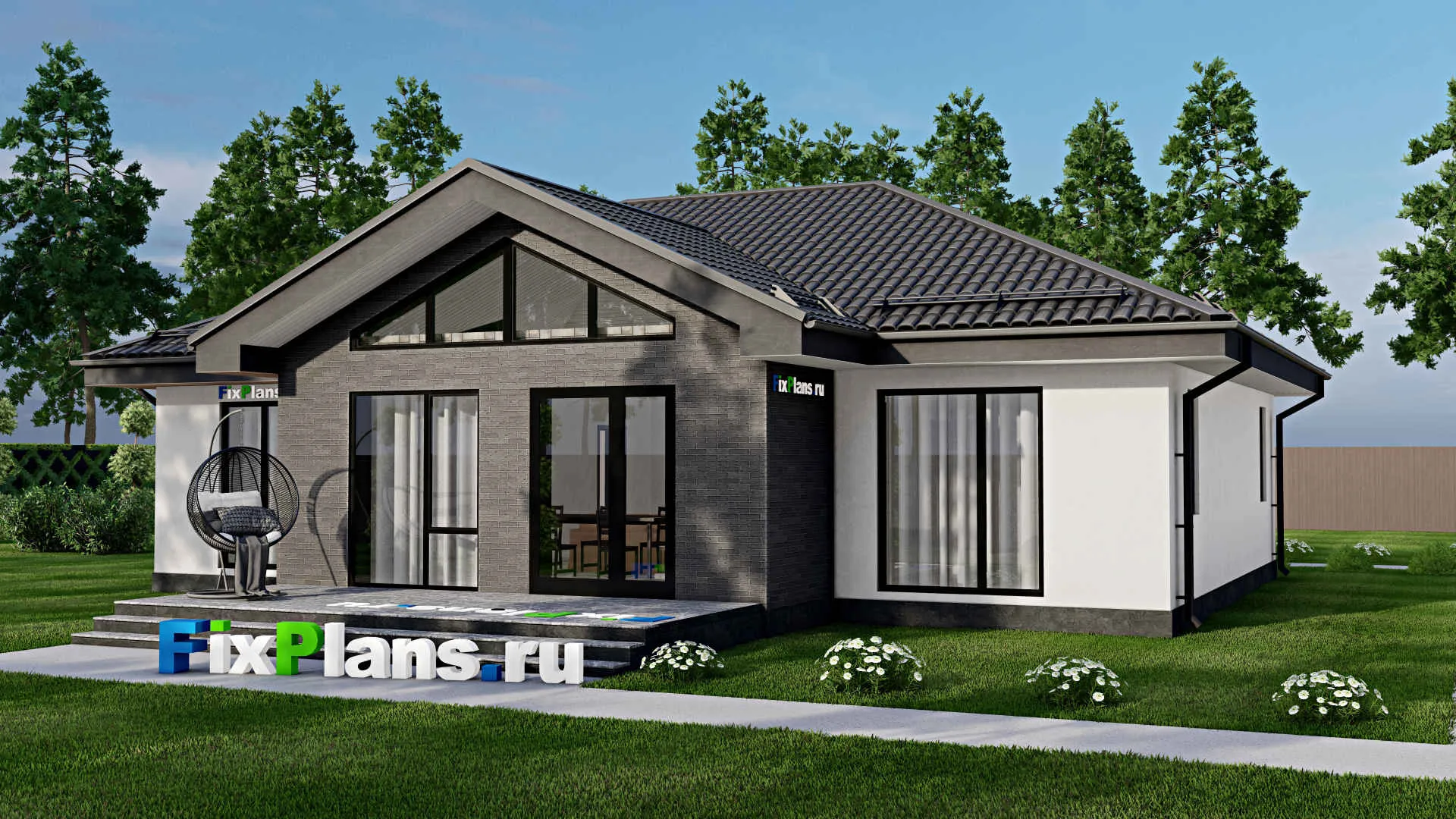 F-2744 - Проект одноэтажного дома 14 на 15, площадью 160 м² с террасой и 3 спальнями