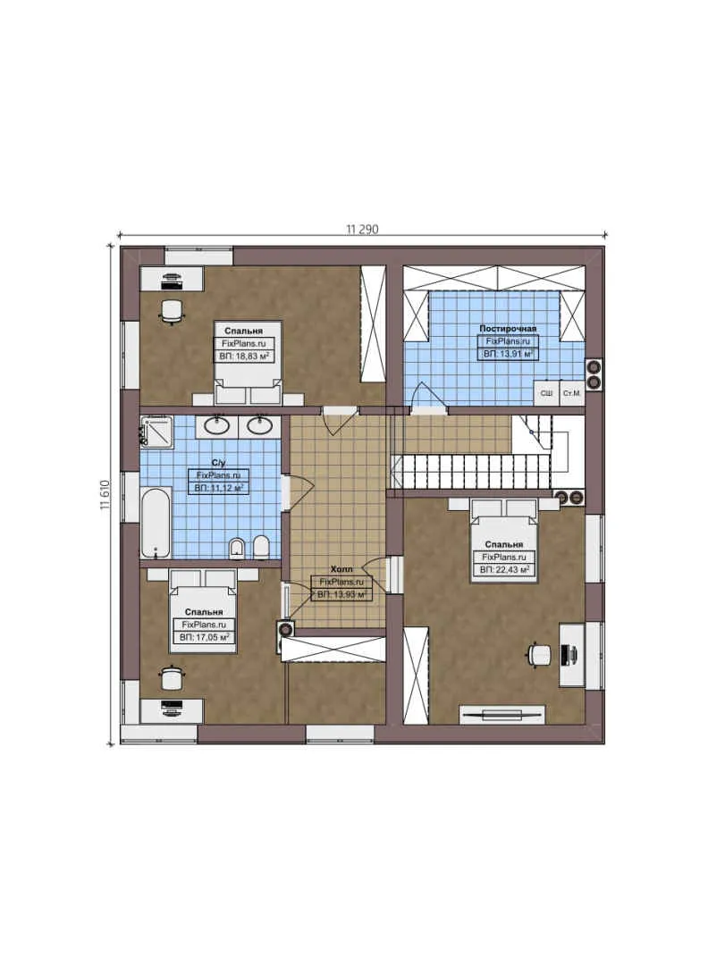 F-4049 - Планы двухэтажного дома 12 на 17, площадью 230 м² с террасой, баней и 4 спальнями
