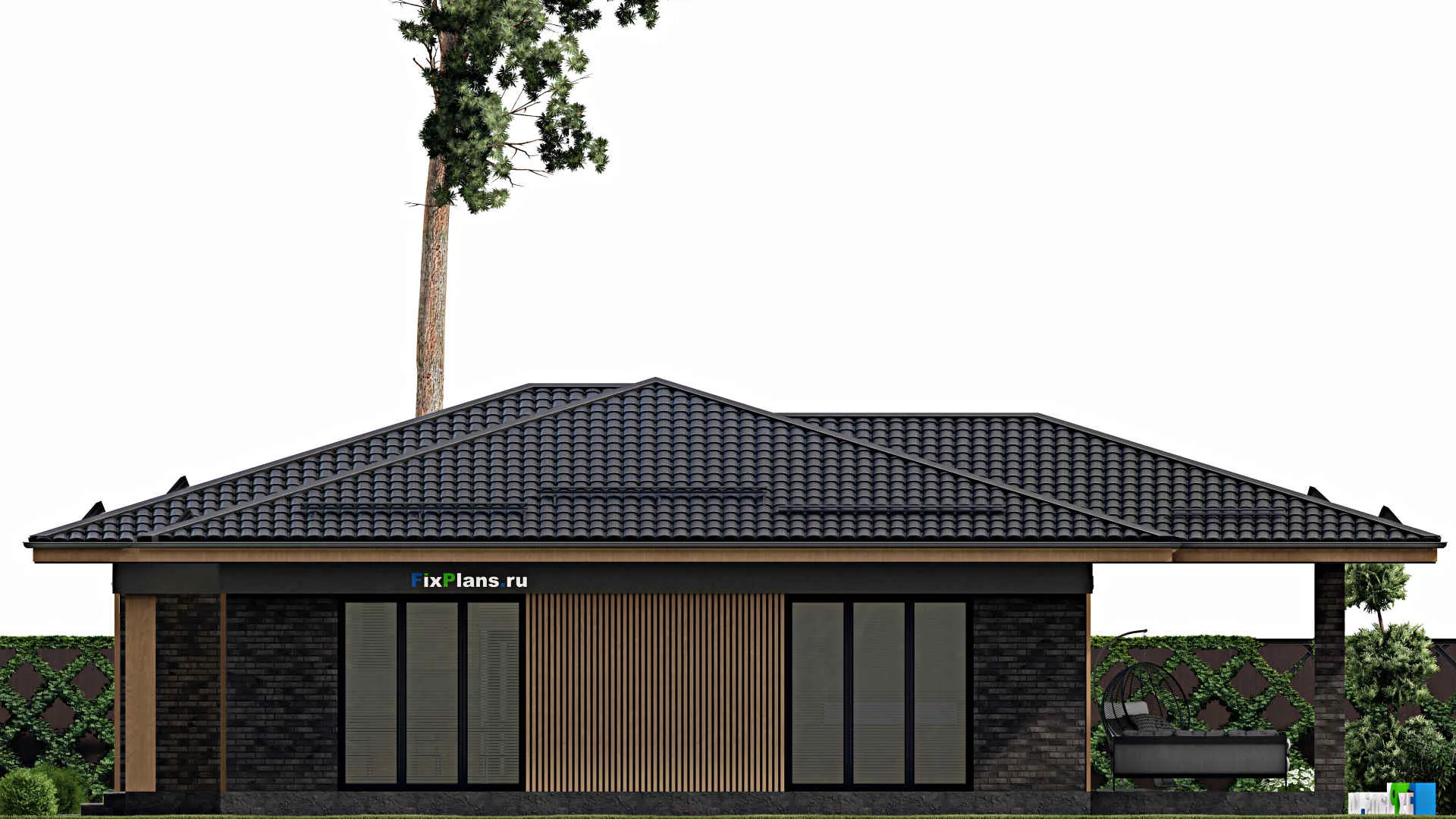 F-1979 - План одноэтажного дома 13 на 17, площадью 200 м² с террасой и 3 спальнями