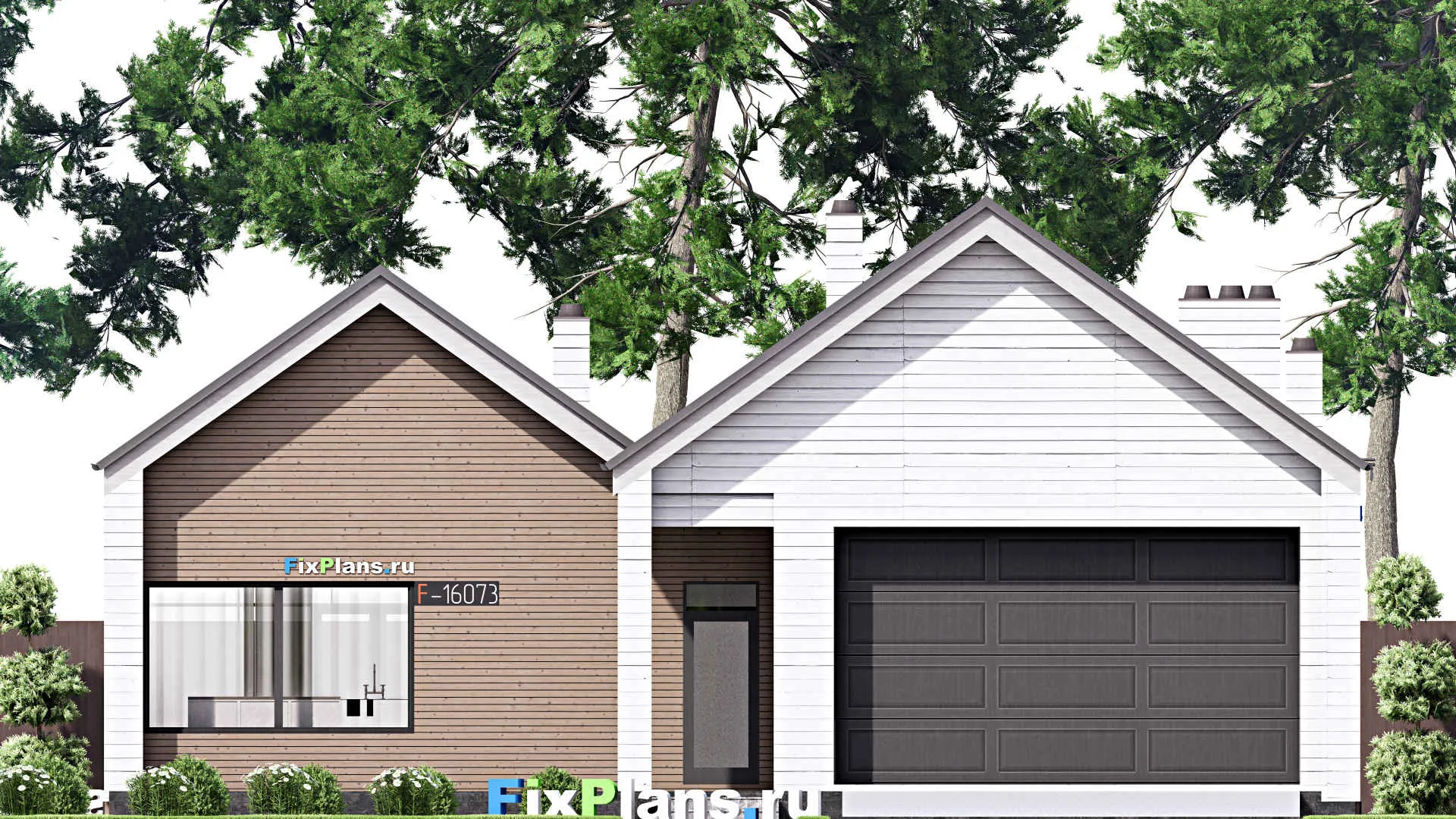 F-16073 - Проект одноэтажного дома 15 на 23, площадью 230 м² с террасой, гаражом на 2 машины и 4 спальнями