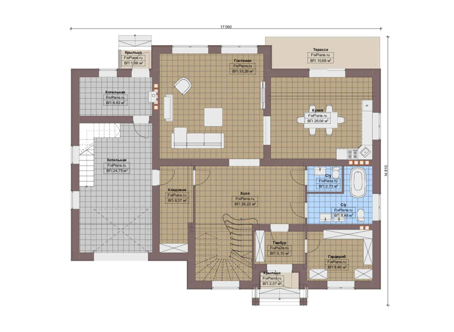 F-9701 - Планы двухэтажного дома 15 на 18, площадью 330 м² с террасой, балконом и 5 спальнями