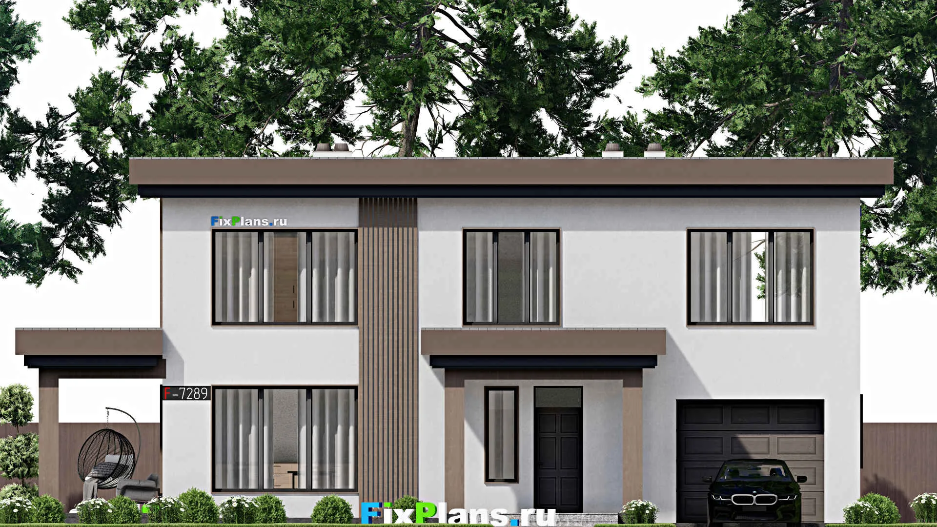 F-7289 - Проект двухэтажного дома 13 на 17, площадью 270 м² с террасой, гаражом на 1 машину и 4 спальнями