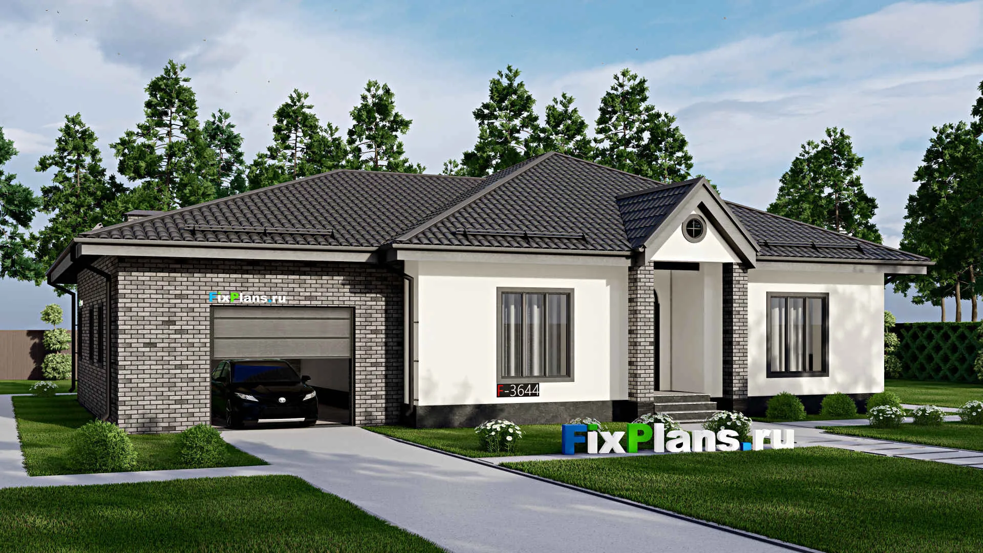 F-3644 - Проект одноэтажного дома 14 на 19, площадью 200 м² с гаражом на 2 машины и 3 спальнями