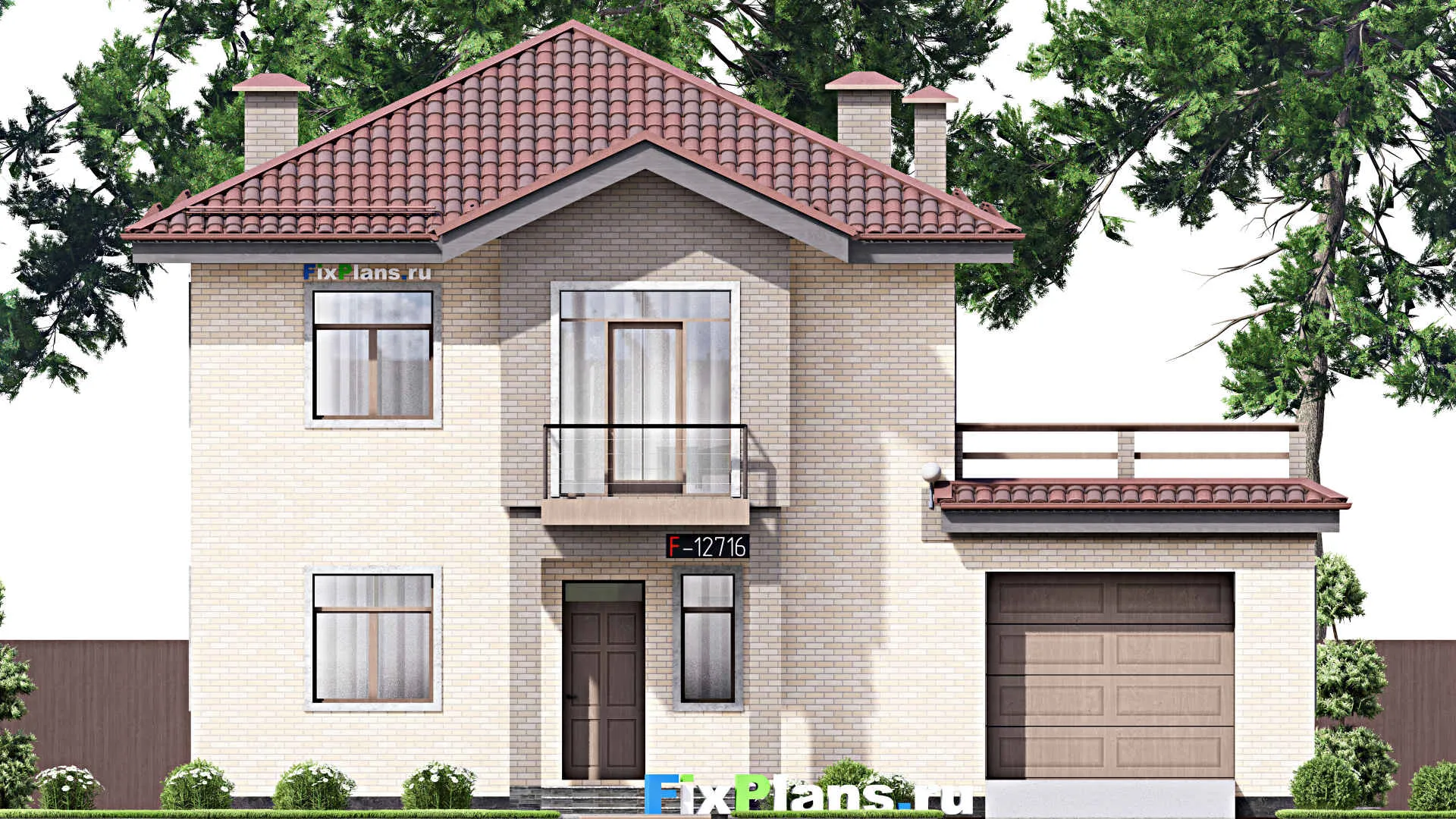 F-12716 - Проект двухэтажного дома 14 на 18, площадью 300 м² с террасой, балконом, гаражом на 1 машину и 3 спальнями