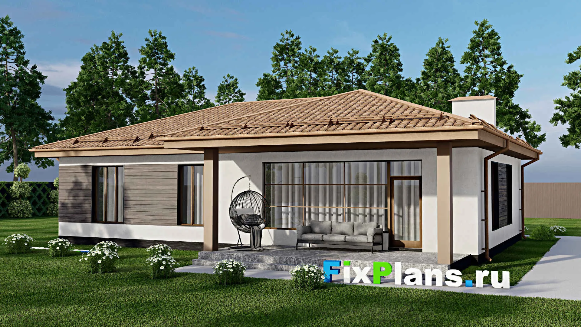 F-10790 - Проект одноэтажного дома 14 на 16, площадью 130 м² с террасой и 3 спальнями
