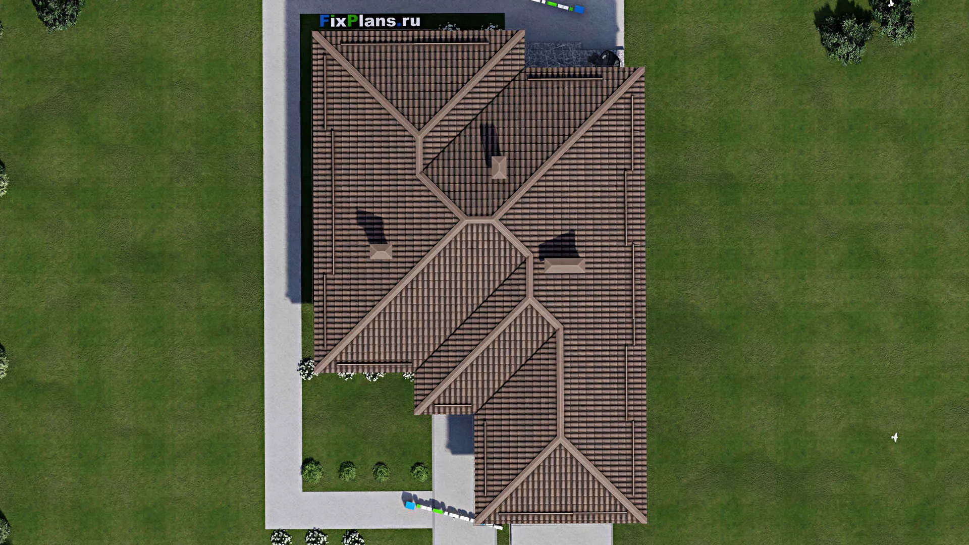 F-5408 - Проект одноэтажного дома 12 на 19, площадью 150 м² с террасой, гаражом на 1 машину и 3 спальнями