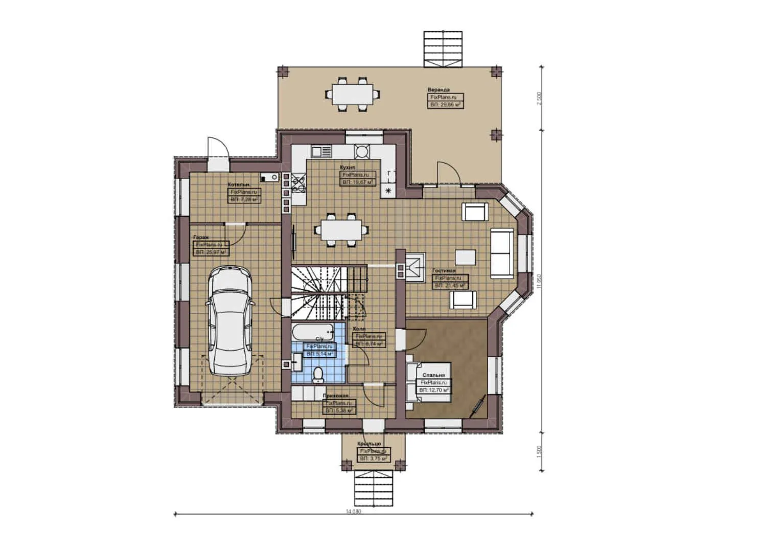 F-1385 - Планы дома с мансардой 12 на 15, площадью 330 м² с террасой, балконом, цокольным этажом, гаражом на 1 машину, спортзалом и 4 спальнями
